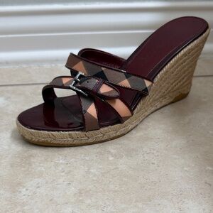 Burberry Burgundy and Tan Wedge Sandals